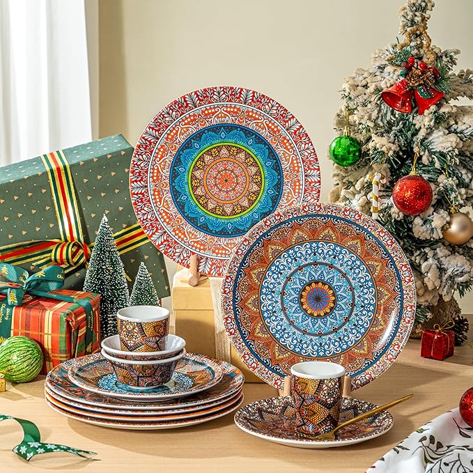 UNK U Melamine Dinner Plates Set of 6, 10.5 Inch Bohemian Plates in 6 Vibrant Colors, Unbreakable Dinner Plates for Kitchen, Weddings, Birthdays, Entertaining, Dishwasher Safe