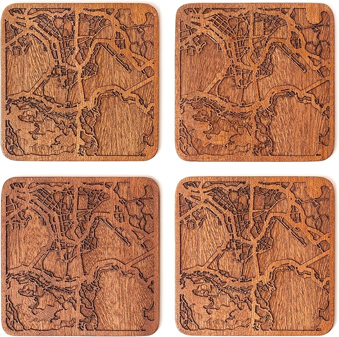 Hong Kong Map Coaster by O3 Design Studio, Set Of 4, Sapele Wooden Coaster With City Map, Handmade
