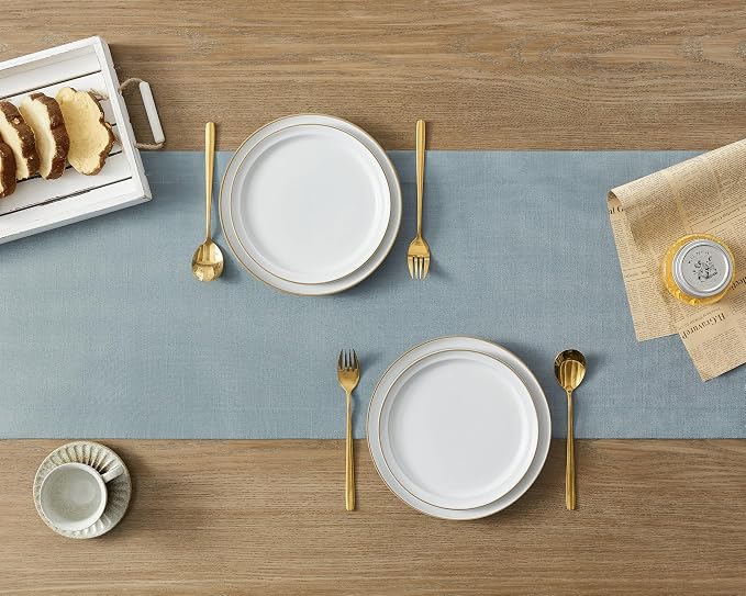 Linen Textured Border Table Runner, 14 x 60 Inch Blue | Mitered Corner Design - Image 4