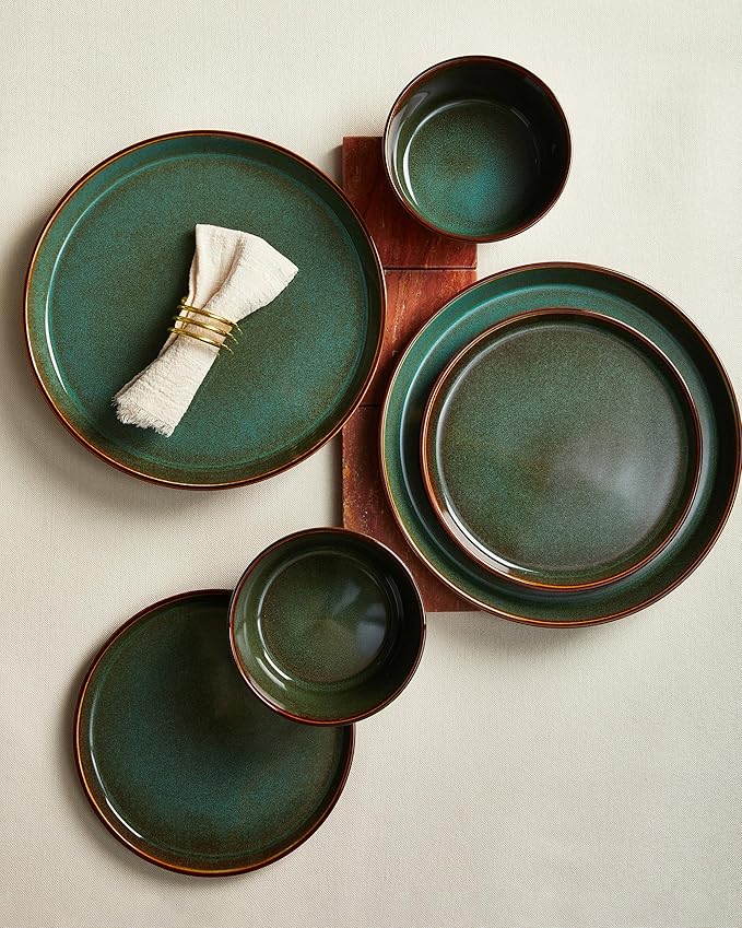 Plates and Bowls Sets for 4, Ceramic Dinnerware Sets, Kitchen Dish Set, Microwave & Dishwasher Safe Dishware, Highly Durable Hand Glazed Dinner Set, Brown Green