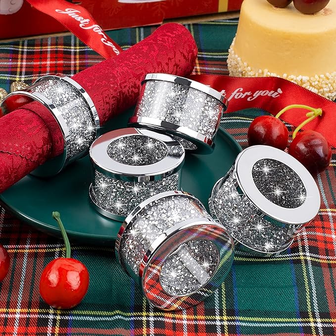 SHYFOY Silver Diamond Napkin Ring Set of 12 Pieces, Crystal Glass Framed Napkin Holder Ring, Dinning Cloth Decor for Dinner Party Tabletop Settings Glam Serviette Buckles Home Decor