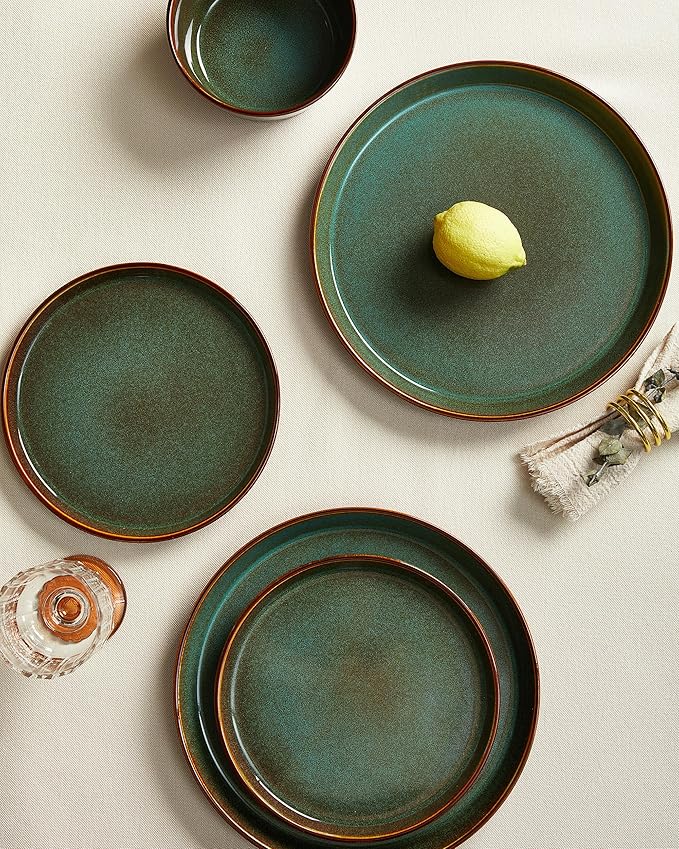 Plates and Bowls Sets for 8, Ceramic Dinnerware Sets, Kitchen Dish Set, Microwave & Dishwasher Safe Dishware, Highly Durable Handcrafted Dinner Set, Brown Green