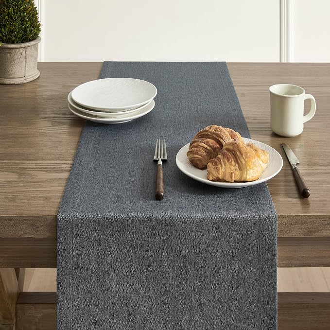 Basic Linen Style Table Runner, 14x90 Inch Charcoal | Mitered Corner Design - Image 5