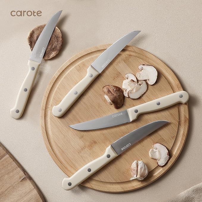 CAROTE 14-Piece Knife Set with Wood Block, Rust-Resistant, Cream | Razor-Sharp - Image 7