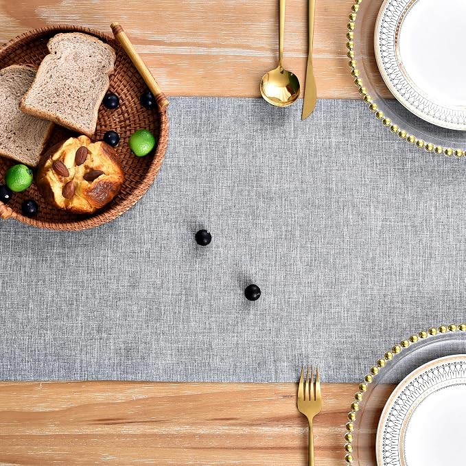 NEWISHER Farmhouse Rustic Faux Linen Solid Grey Table Runner 13x60inch | Grey - Image 4