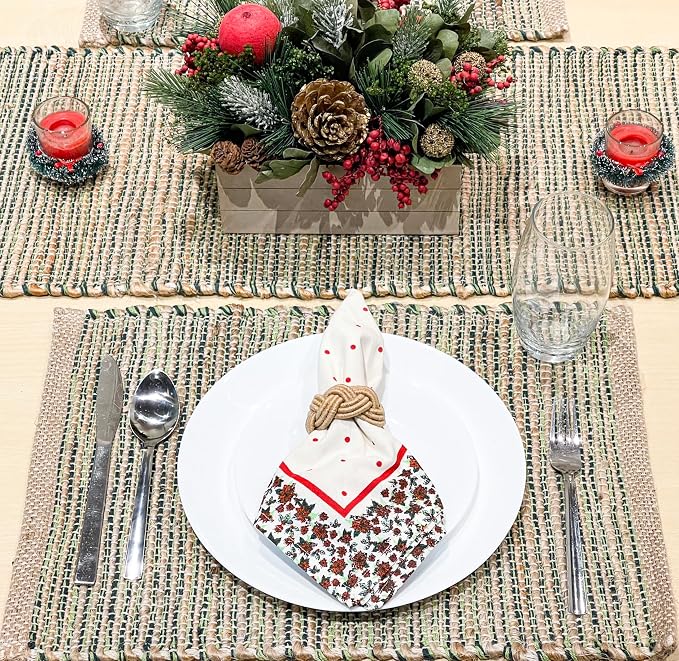 Natural Jute & Green Placemats, 13x19 Inch Dining Table Placemats - Image 7