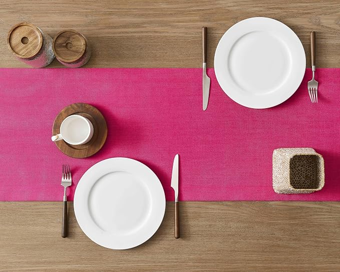 Linen Textured Border Table Runner, 14 x 36 Inch Hot Pink | Mitered Corner - Image 4