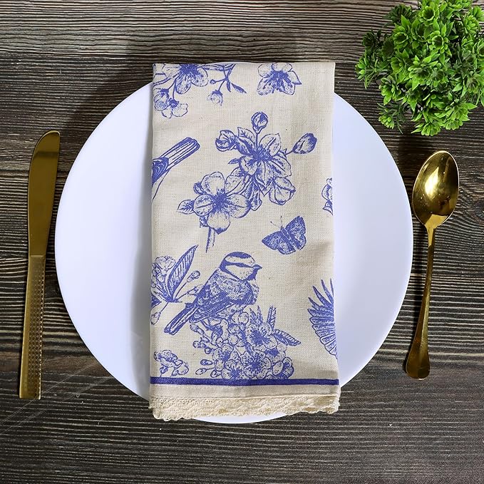 FINGERCRAFT Dinner Cloth Napkins Cotton Blend Set of 12 Blue Bird Premium Quality Mitered Corner with Natural Lace for Home Rastaurant Wedding Christmas Napkins Cloth 20 inch Toile Lace