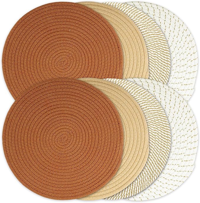 Kochorie Set of 8 Round Woven Cotton Placemats, 13 Inch Boho Table Mats for Kitchen and Dining Table, Farmhouse Heat Resistant Washable Trivets, Fall Thanksgiving Christmas Décor (Mixed Brown)