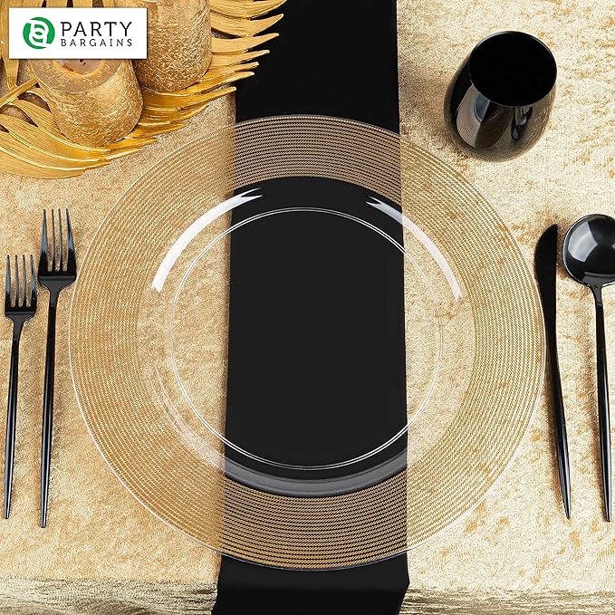 PARTY BARGAINS 13-Inch Charger Plates - 96 Pack, Clear Gold Rope Textured Rim, Heavy-Duty Disposable Chargers for Elegant Dining - Ideal for Weddings and Formal Events