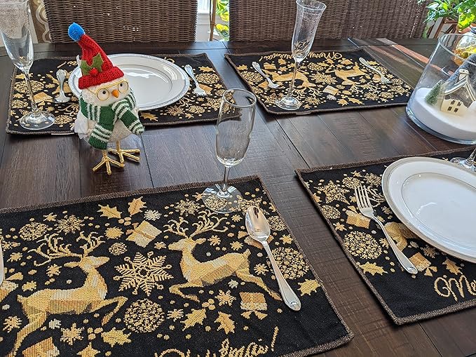 DaDa Bedding Set of 4-Pieces Magical Golden Reindeer Tapestry Placemats - Starry Winter Snowflake Festive Merry Christmas Holiday Yellow & Black - Needle Stitched Woven Table Mats - 13” x 19”