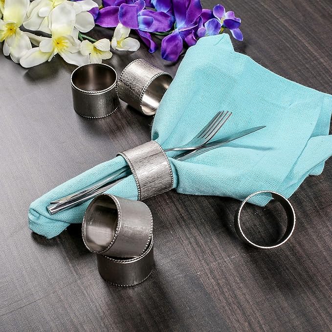 CLEENTABLE Decorative Napkin Ring - 12 Pack Decorative Metal Round Napkin Holders, Finish with Beaded Edge, Vintage Rustic Metal Napkin Rings for Dining, Weddings, Holidays (Silver)
