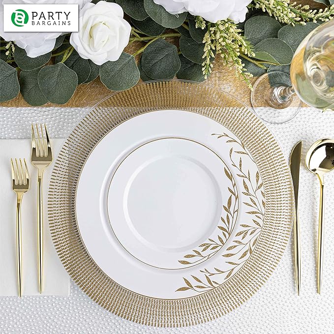 PARTY BARGAINS 13-Inch Charger Plates - 48 Pack, Clear Gold Textured Rim, Heavy-Duty Disposable Chargers for Elegant Dining - Ideal for Weddings and Formal Events