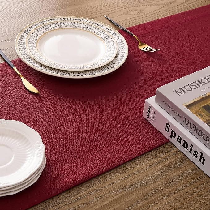 Linen Textured Border Table Runner, 14 x 108 Inch Red | Mitered Corner Design - Image 5