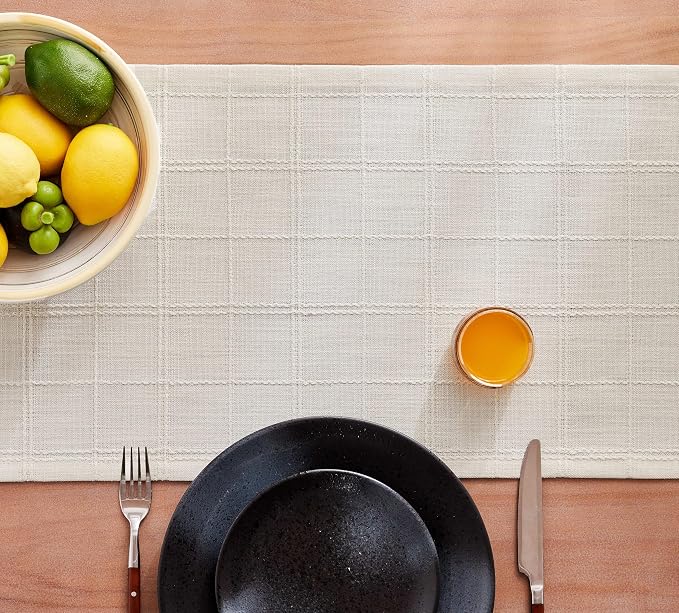 Linen Checked Farmhouse Table Runner, 13x48 Inches Ivory | Raised Grid Design - Image 7