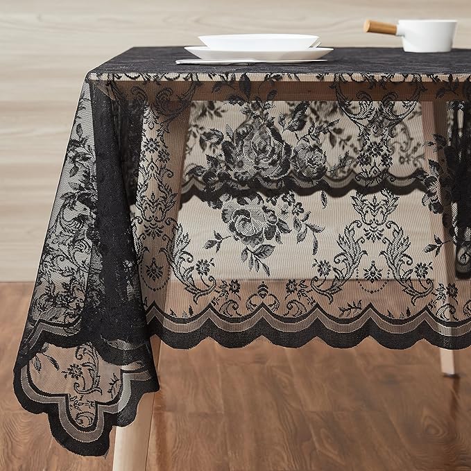 Warm Home Designs 60 x 84 Lace Tablecloth. Black Rectangle Tablecloth with English Rose Design. Rectangular Tablecloth, Rustic Tablecloth or Dining Table Cover for 6-8 Guests. LTC Black 84"