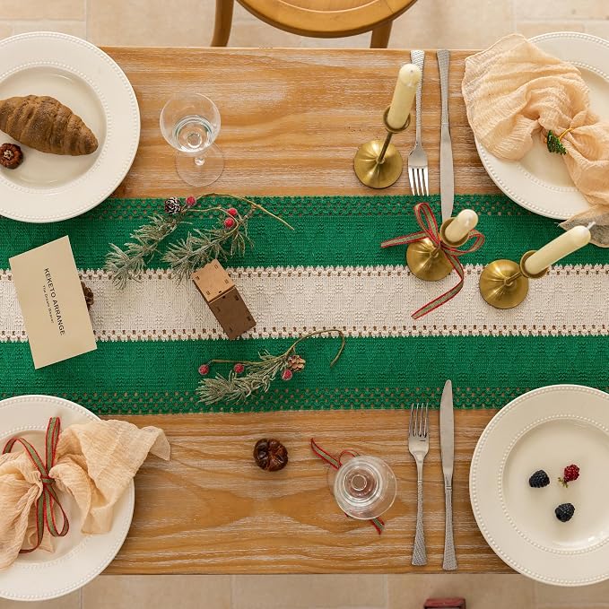 Keketoarrange Christmas Green Boho Table Runner 12x48 Inch | Woven Burlap - Image 3