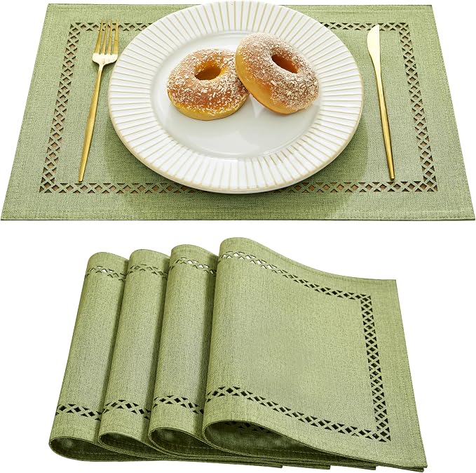 Farmhouse Burlap Hollow Placemats Set of 4, 12 x18 Inch Sage Green | Double by Aoztio