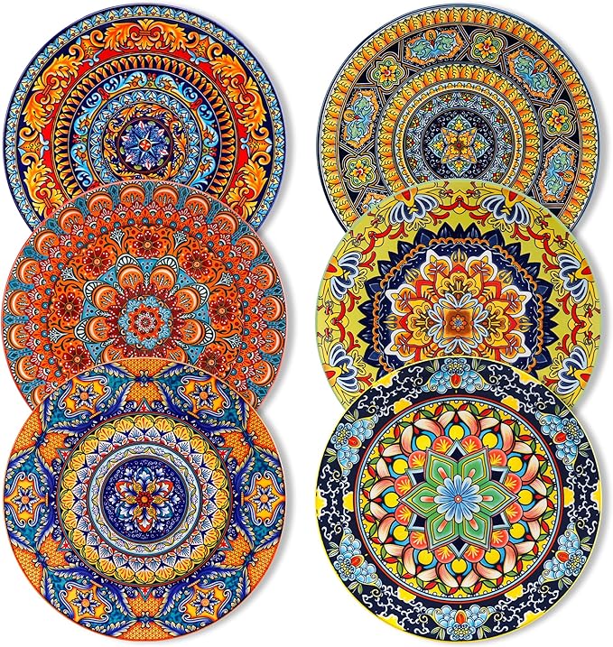 vancasso Bohemian Dinner Plates Set of 6, 10.5 Inch Ceramic Kitchen Plates for Dinner, Colorful Printed Dishes for Dining, Microwave & Dishwasher Safe Plate Set, Series KRVI