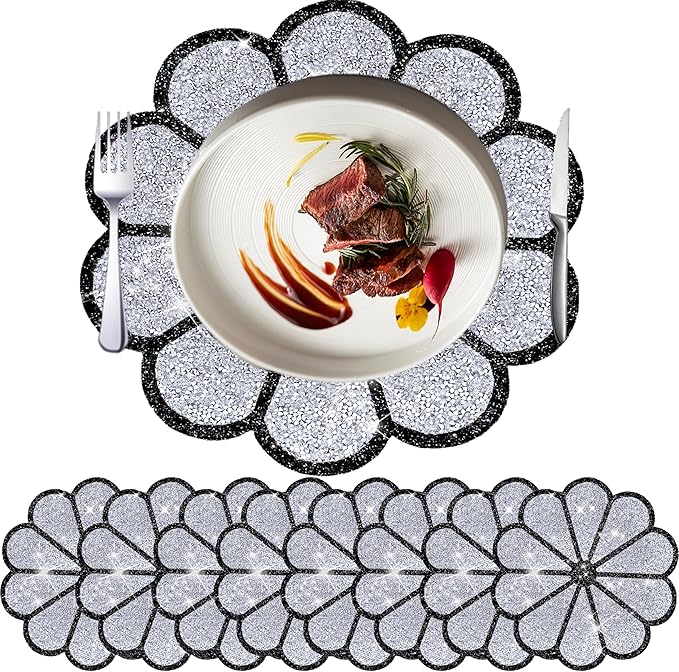 Washable Waterproof Diamond Circle Placemats for Round Tablescape Decor for Dinner and Kitchen Bling Placemats for Weddings & Special Events -8PCS (Silver and Black)