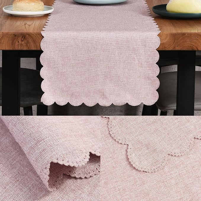 Pink Cotton Table Runner 13 x 72 in Long Farmhouse Scallop Style | Dresser - Image 3