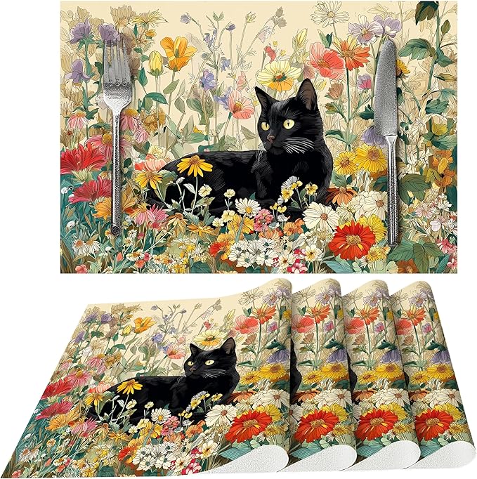 Cat Placemats Set of 4 Washable Table Place Mats for Dining Kitchen Party Decor