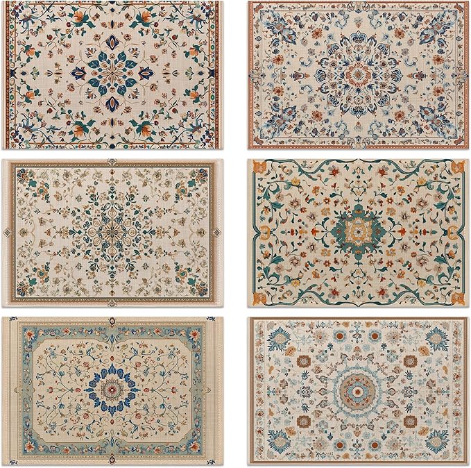 Persian Carpet Spring Summer Green Blue Placemats Set of 6, Linen Washable for Christmas, Thanksgiving, Party, and Daily Dining, Decorative Table Mats for 4-6 Person Table