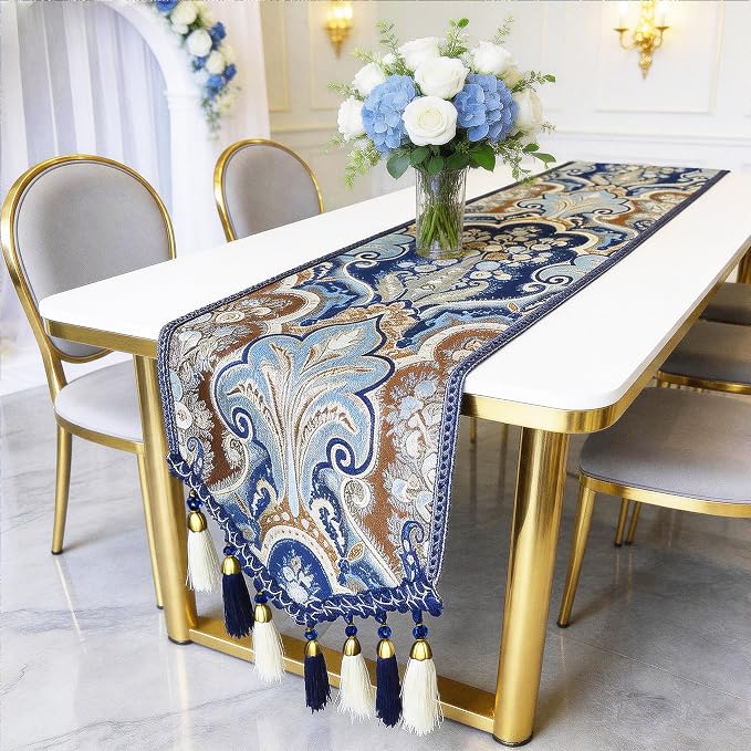 Exquisite Floral Jacquar Table Runner 87" Navy Blue - Image 7
