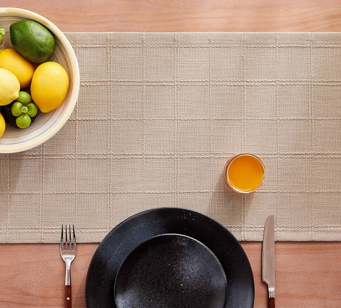 Linen Checked Farmhouse Table Runner, 13x108 Inches Taupe | Raised Grid Design - Image 7