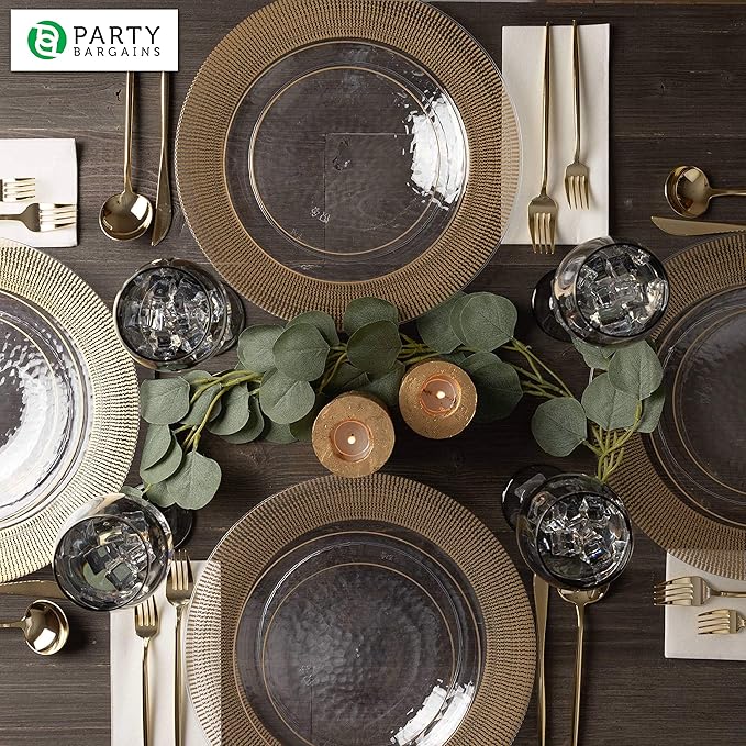 PARTY BARGAINS 13-Inch Charger Plates - 48 Pack, Clear Gold Textured Rim, Heavy-Duty Disposable Chargers for Elegant Dining - Ideal for Weddings and Formal Events