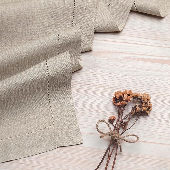 D'Moksha Homes Linen Natural Table Runner 144 Inches Long - 100% Pure Linen Extra Long Table Runner 14 x 144 Inch for Valentines, Spring, Easter - Classic Hemstitch