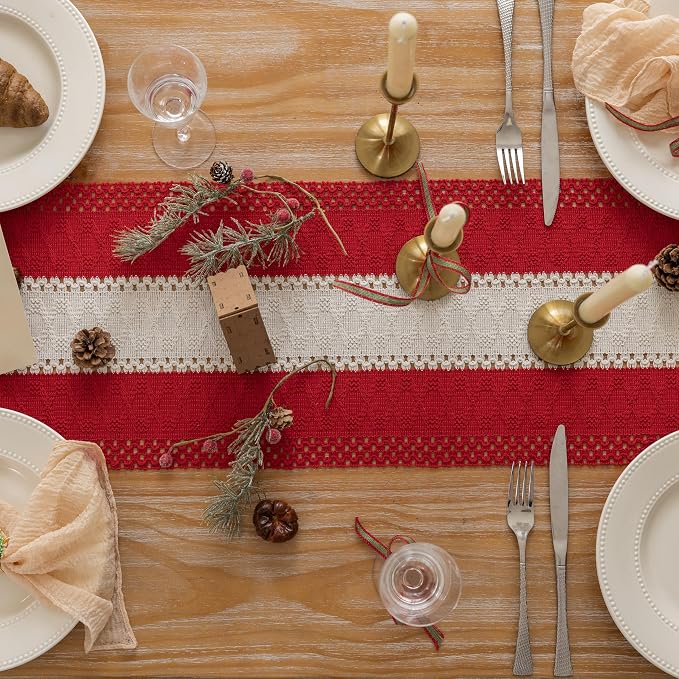 Keketoarrange Christmas Red Boho Table Runner 12x60 Inch | Woven Burlap - Image 2