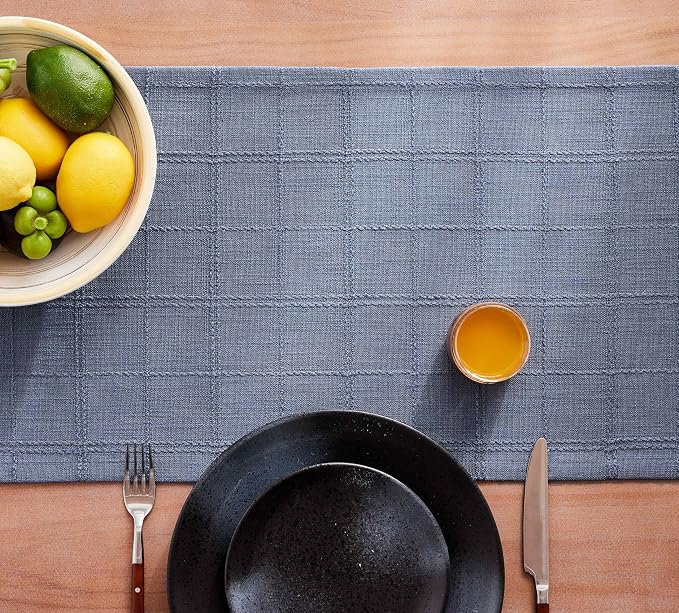 Linen Checked Farmhouse Table Runner, 13x60 Inches Blue | Raised Grid Design - Image 7