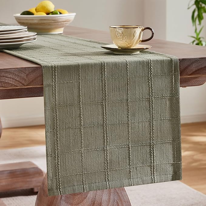 Linen Checked Farmhouse Table Runner, 13x72 Inches Olive | Raised Grid Design - Image 4