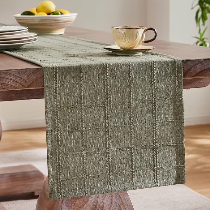 Linen Checked Farmhouse Table Runner, 13x60 Inches Olive | Raised Grid Design - Image 4
