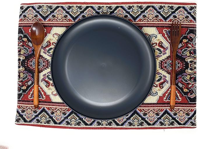 DaDa Bedding Majestic Red Kilim Rug Dining Table Placemats - Set of 4-Pieces Tapestry Cotton Kitchen Mats Royal Persian Tradtional Design - Elegant Intricate Multi-Colorful Floral Ornate - 13” x 19”