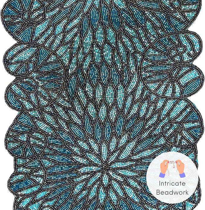 Beaded Table Runner, Floral Art Deco, 13x36 in, polyester backing, sapphire blue - Image 6