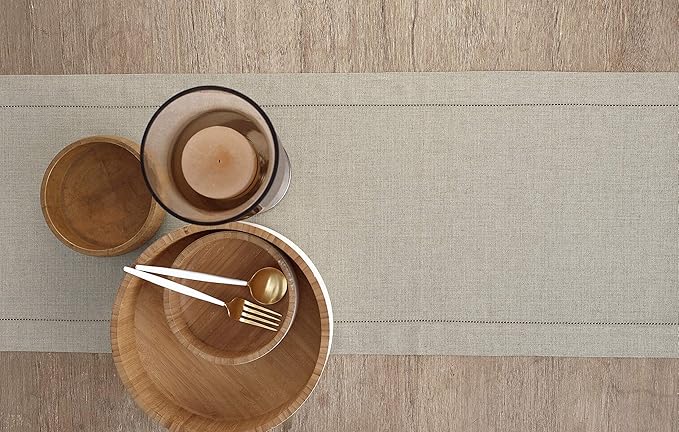 Solino Home Linen Natural Table Runner 90 Inches Long - 100% Pure Linen Hemstitch 14 x 90 Inch Table Runner for Dining, Spring, Easter - Classic Hemstitch