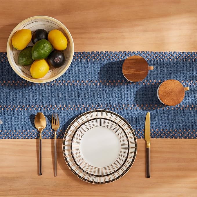 Macrame Style Boho Table Runner, 12x48 Inch Dusty Blue | Woven Boho Table Runner - Image 4