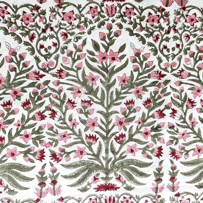 ATOSII Nargis Pink 100% Cotton Round Block Print Summer Tablecloth, Floral Table Cloth Linen for Dining Parties Weddings Outdoors Holidays I 60" Inches Round, 4 Seater I Grandmillennial Farmhouse Boho