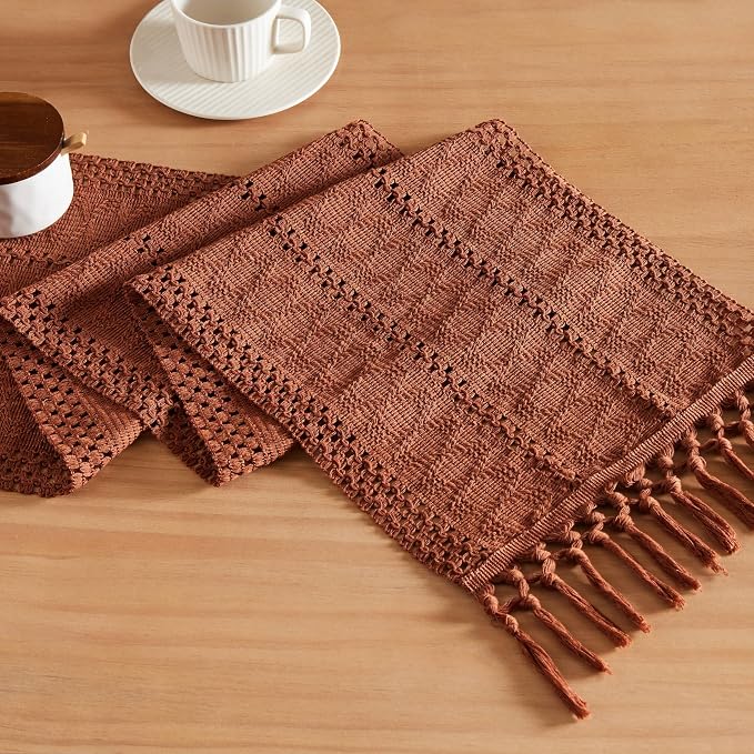 Macrame Style Boho Table Runner, 12x36 Inch Terracotta | Woven Boho Table Runner by ZEEMARTONLINE