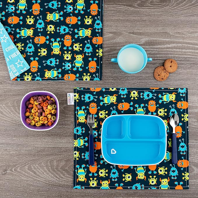 Funkins Reusable Cloth Placemats for Kids & Lunch Boxes | Reusable, Eco-Friendly | 15"x13", 2-ply, Thick, Absorbent, Machine Washable | Set of 2 Placemats (Monsters)