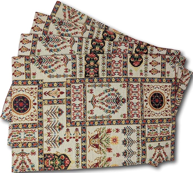 DaDa Bedding Elegant Floral Tapestry Placemats - Set of 4, Mughal-Inspired Woven Cotton Linen Dining Mats, Multi-Colored Vintage Garden Design - 13” x 19
