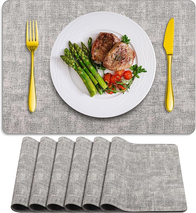 Placemats Set of 6 Washable, Heat Resistant Table Placemats Wipeable Faux Leather Place Mats Non Slip, Waterproof Square Table Mats for Indoor Outdoor, Light Grey
