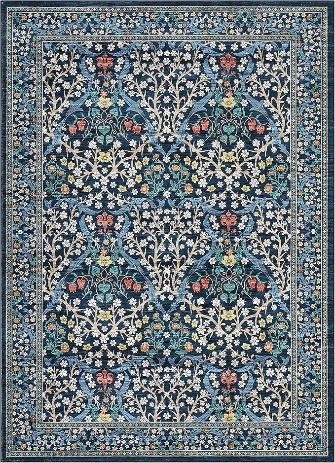 GarveeHome 6x9 Washable Area Rug for Living Room, Floral Dining Room Rugs for Under Table, Low Pile Non-Slip Stain Resistance Floor Carpet for Bedroom, Dark Blue