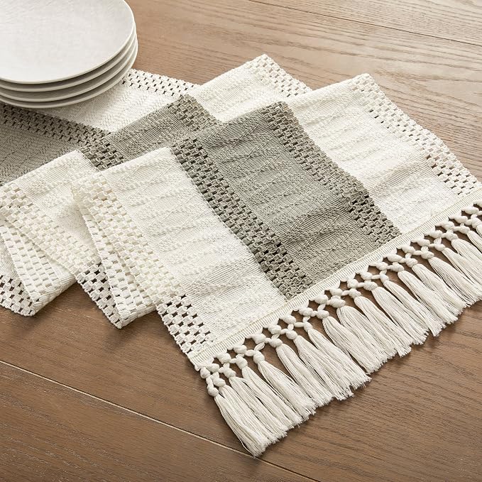 Macrame Style Bicolor Stitching Table Runner 14x72in Dark Sage | Woven Boho - Image 7