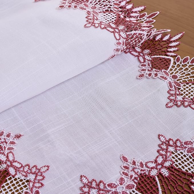 White Dark Red Linen Lace Table Runner 72 inches Dresser Scarf | White Sheer - Image 6