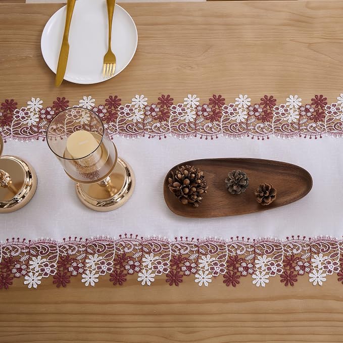 White Dark Red Floral Lace Table Runner Dresser Scarf | Dresser Scarf, Lace - Image 4