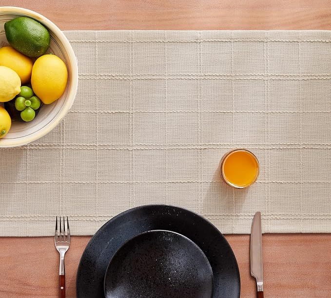 Linen Checked Farmhouse Table Runner, 13x108 Inches Neutral Beige | Raised Grid - Image 7