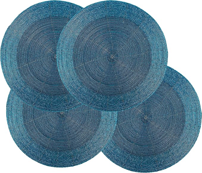 Lightnpro Glitz Beaded Charger Placemat - Turquoise Blue Placemat Set of 4, Handmade Round Table Mats - Christmas Xmas Dining Harvest Fall Holiday Celebration Festive Party Table Décor - 13 inch